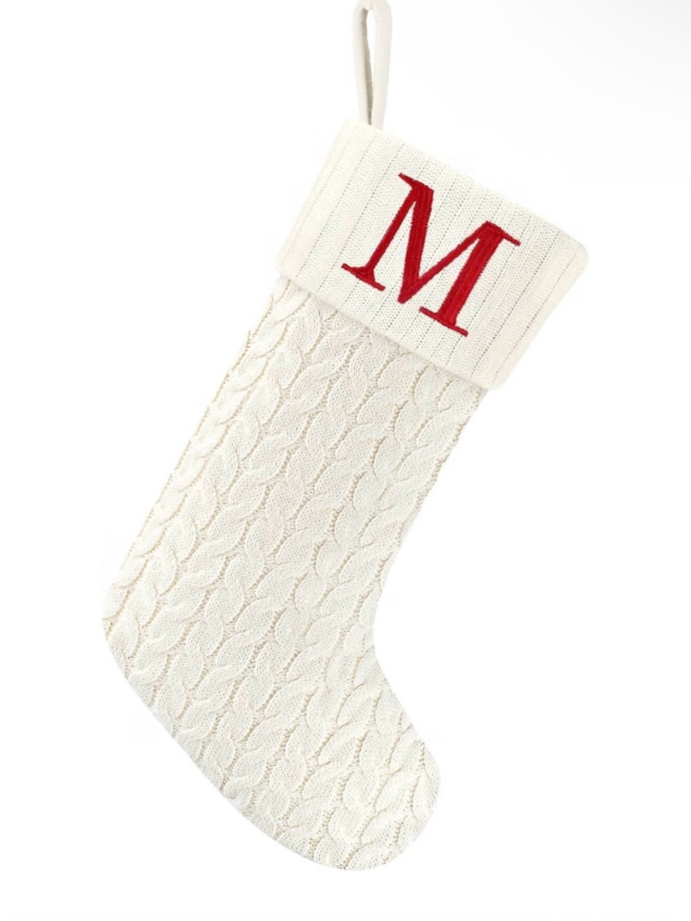 Cream Cable Knit 16” Traditional Christmas Stocking Red Monogram Letter M NWT.